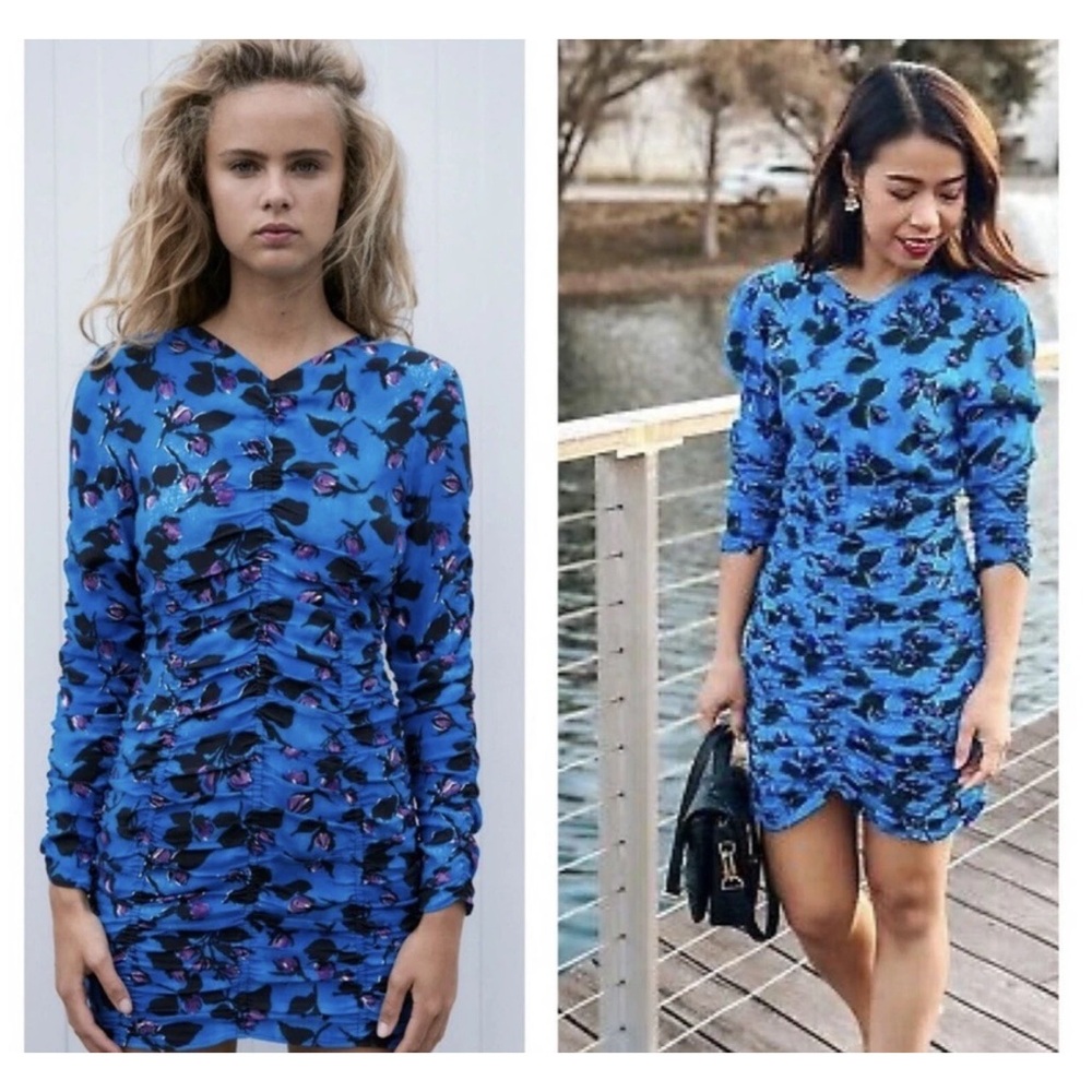 Zara Blue Floral Drape Ruched  Dress Size Large NWT